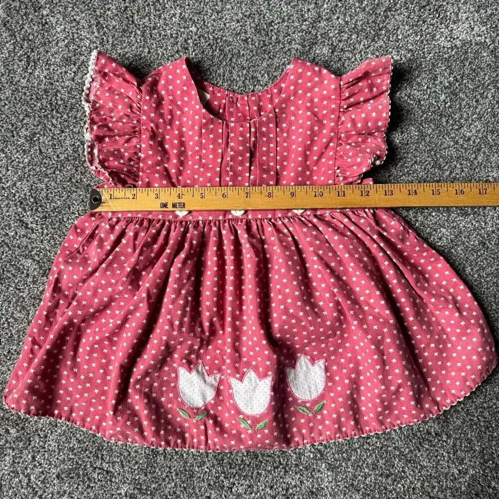 Vintage Toddler Pink Floral Tulip Applique Flutter Sleeve Dress 2T